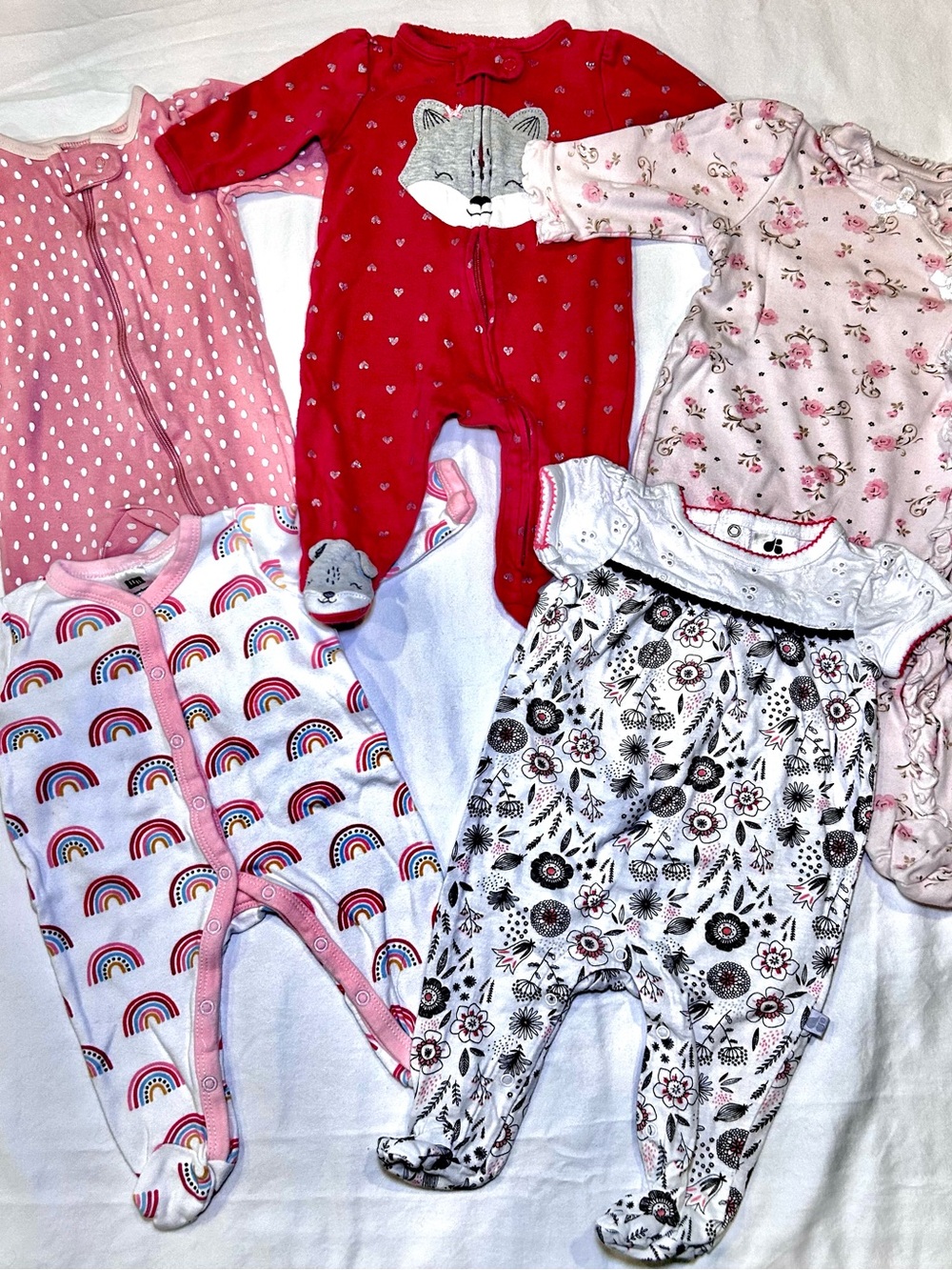 Baby Girls Sleeper 5 Pc Bundle with Rainbows & Floral Prints 0-3 Mos
